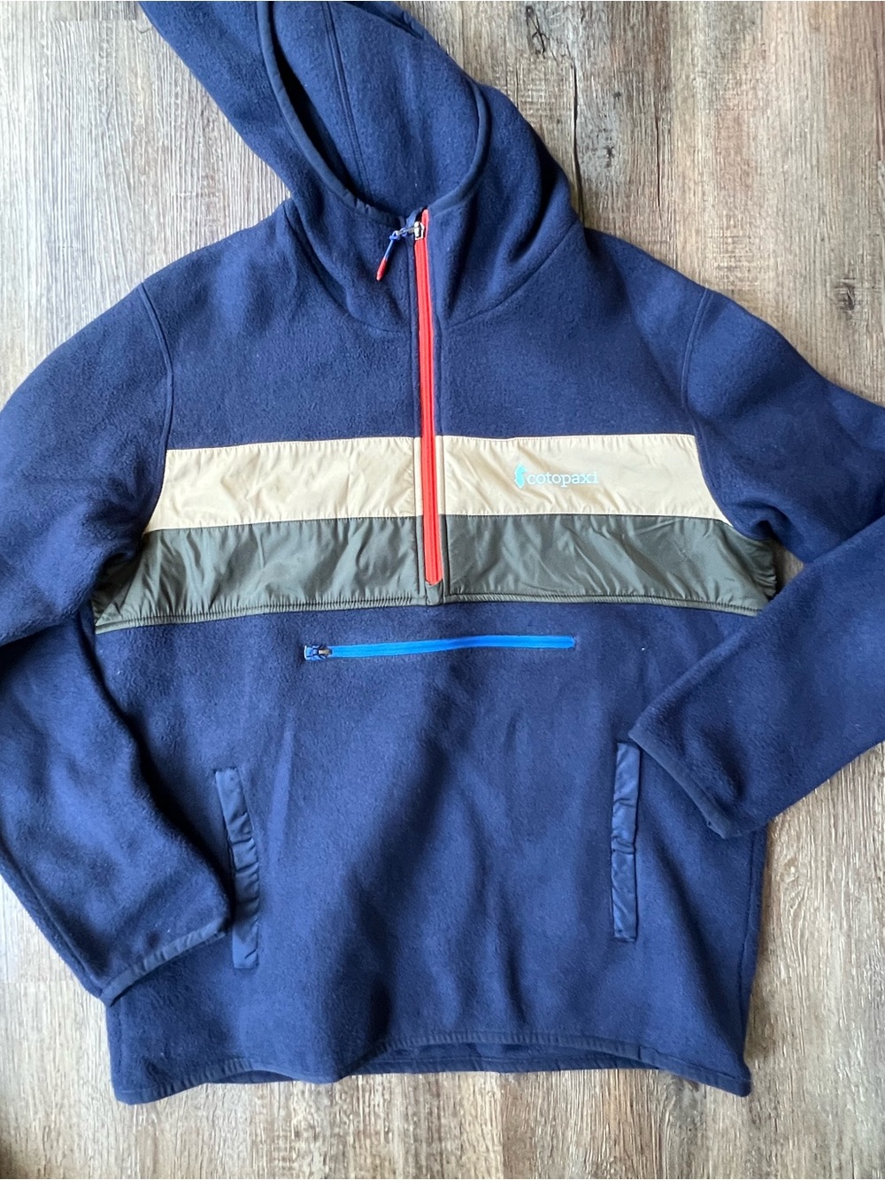 cotopaxi Navy Fleece Pullover with Tan and Olive Panels